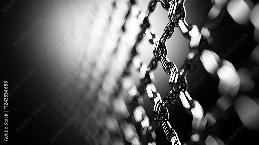 Poster a close-up view of a chain-link fence, showcasing its metallic texture and intricate patterns in a b