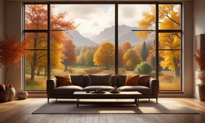 Warm and inviting living room with a large window displaying a beautiful fall landscape outside , outdoor decor, fall views, nature scene