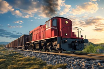 Obraz premium Vintage Red Locomotive Pulling Freight Cars Through Scenic Landscape