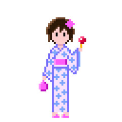 水色の浴衣とピンクの帯、リンゴ飴と巾着袋を持った女性の可愛いドット絵 | ピクセルアート