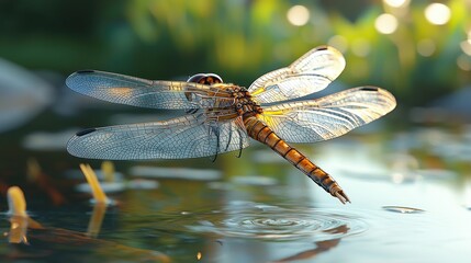 Dragonfly in Flight Over Water Surface