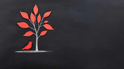 A vibrant red bird standing beside a stylized tree with bright leaves on a dark background