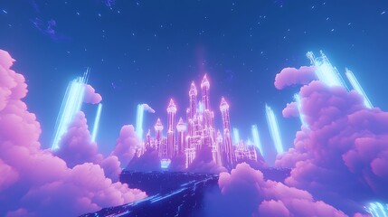 Obraz premium A holographic castle floating in the sky, surrounded by glowing clouds