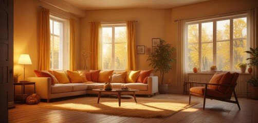 Fototapeta premium Warm lighting in a cozy autumnal room with soft orange and yellow hues, fall colors, soft glow, autumn decor, inviting atmosphere, cozy living room