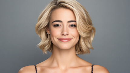 Naklejka premium Close-up portrait of a smiling blonde woman with wavy hair, fair skin, and light makeup against a soft gray background, showcasing elegance, positivity, and professionalism in a studio setting