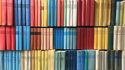 A vibrant display of colorful books neatly arranged on shelves, showcasing a variety of genres and topics in a cozy library