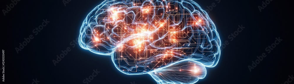 Poster a glowing, digital representation of a human brain, showcasing neural connections and activity with 