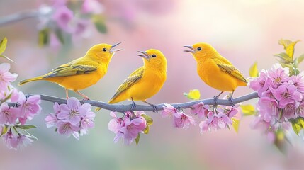 Fototapeta premium Three Vibrant Yellow Birds Singing on Cherry Blossom Branch