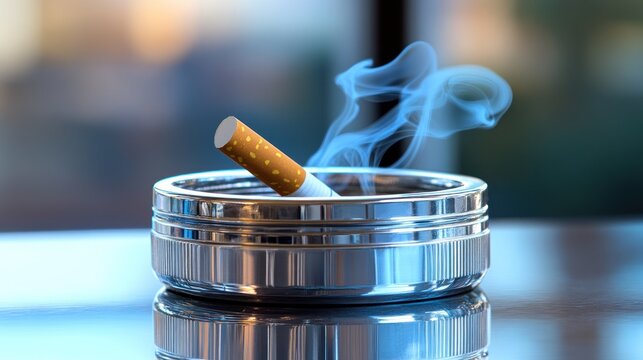Smoking cigarette in metallic ashtray, indoors, blurred background, illustration