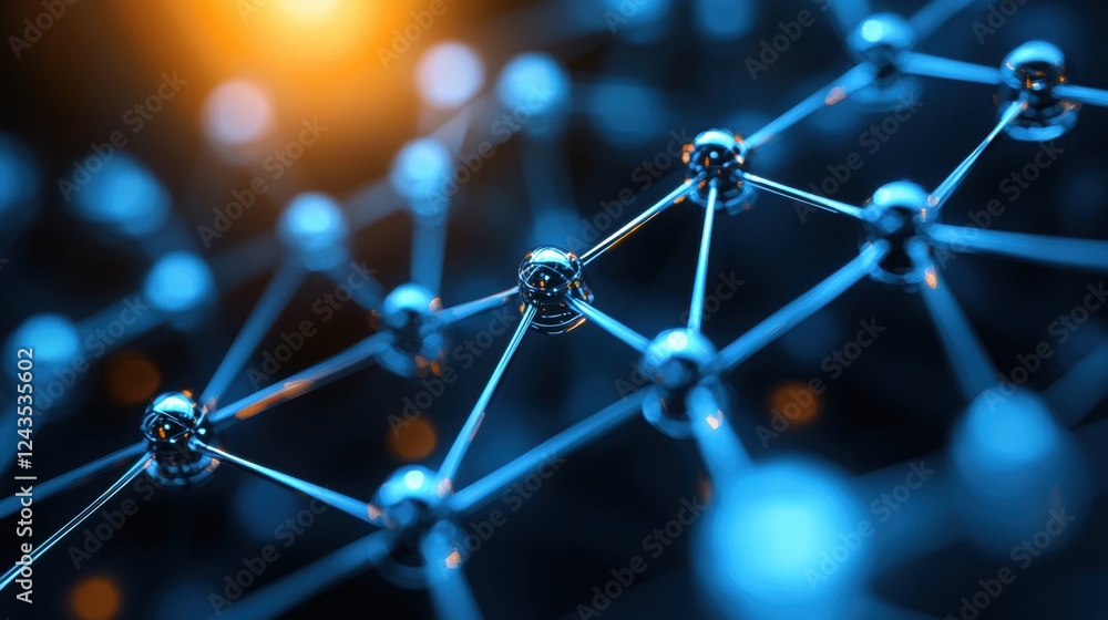 Poster a close-up view of interconnected nodes in a blue and orange network, symbolizing technology, data, 