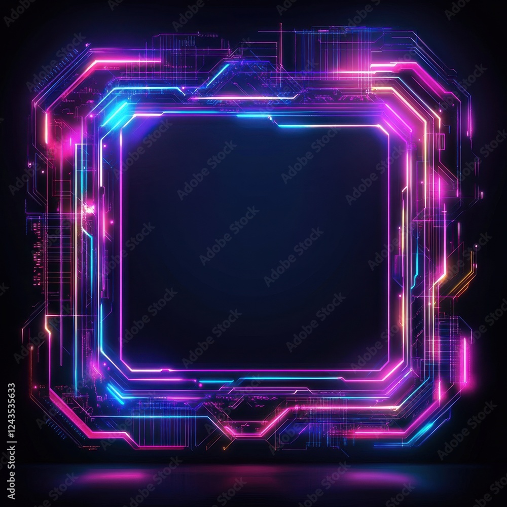 Poster futuristic tech-themed frame showcasing vibrant neon colors and intricate circuit patterns in a digi