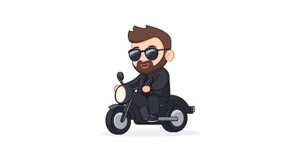 Cartoon character riding a motorcycle in a simple, vibrant style with a minimalist background