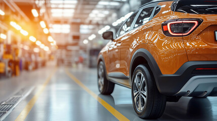 Naklejka premium newly manufactured vehicle sits on factory floor awaiting final inspection and shipment