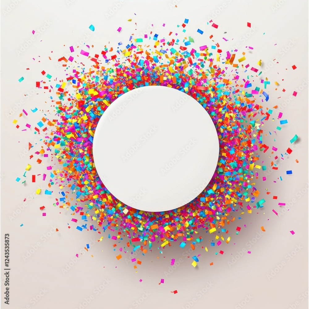 Poster Colorful confetti explosion creating a festive and joyful atmosphere around a blank circular space for celebration invitations
