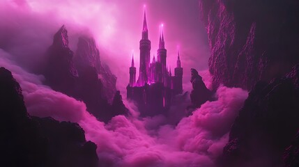 Fototapeta premium A holographic castle surrounded by swirling neon mist