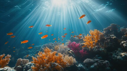 Naklejka premium Vibrant Coral Reef Underwater Scene with Sunlight and Colorful Fish