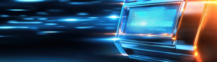 Obraz premium A dynamic image featuring a car's rear light with blue and orange streaks, suggesting high speed and motion.