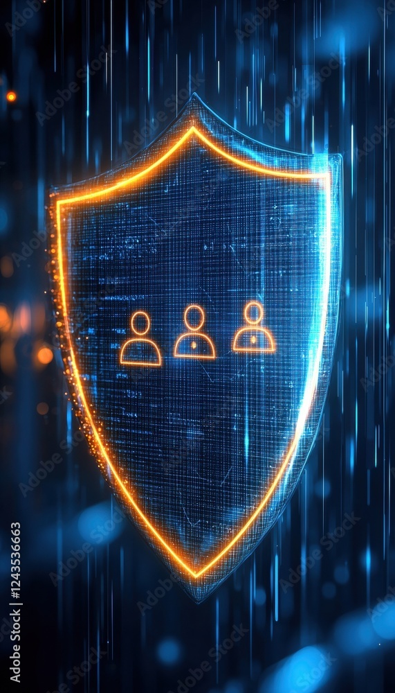 Poster a digital shield symbolizing protection and security, featuring three user icons, set against a back