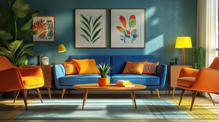 Sunlit mid-century modern living room with blue sofa, orange armchairs, and vibrant artwork.