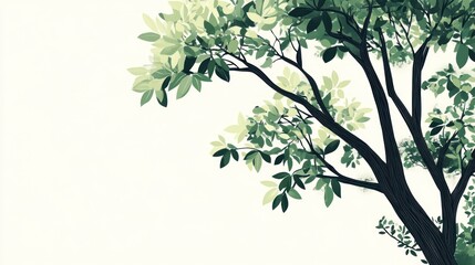 Obraz premium Lush green tree branches against white sky; nature background for design