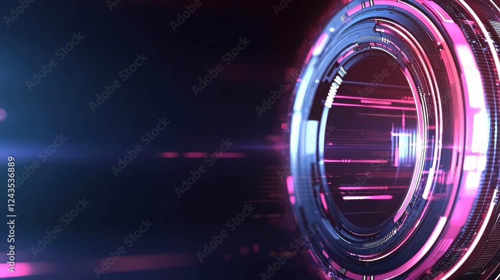 Poster a futuristic digital design featuring a circular pattern with vibrant pink and blue hues, creating a