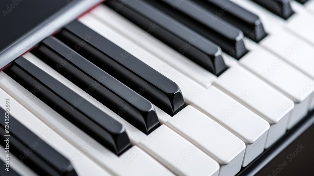 Poster close-up view of a piano keyboard showing black and white keys with shiny surface and natural lighti