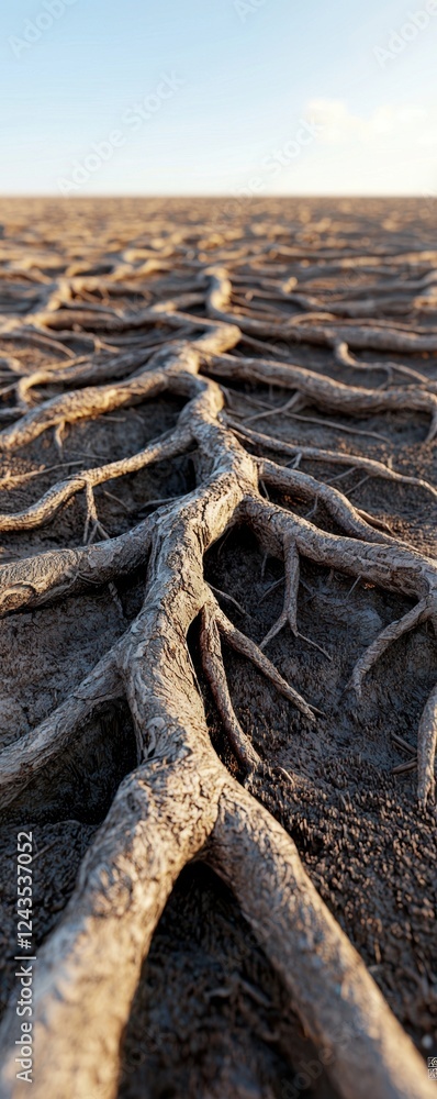 Poster a close-up view of intricate tree roots emerging from sandy soil, capturing the texture and patterns