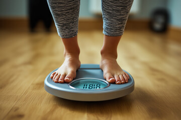 Standing on a Scale with a Digital Display, Half-Body Composition and Narrow Waist, Holding Scale with Magic Powder for Weight Management. Generative AI