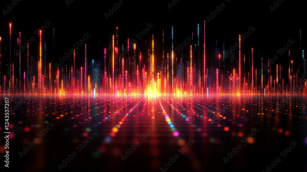 Poster vibrant light patterns create a dynamic and modern digital landscape.