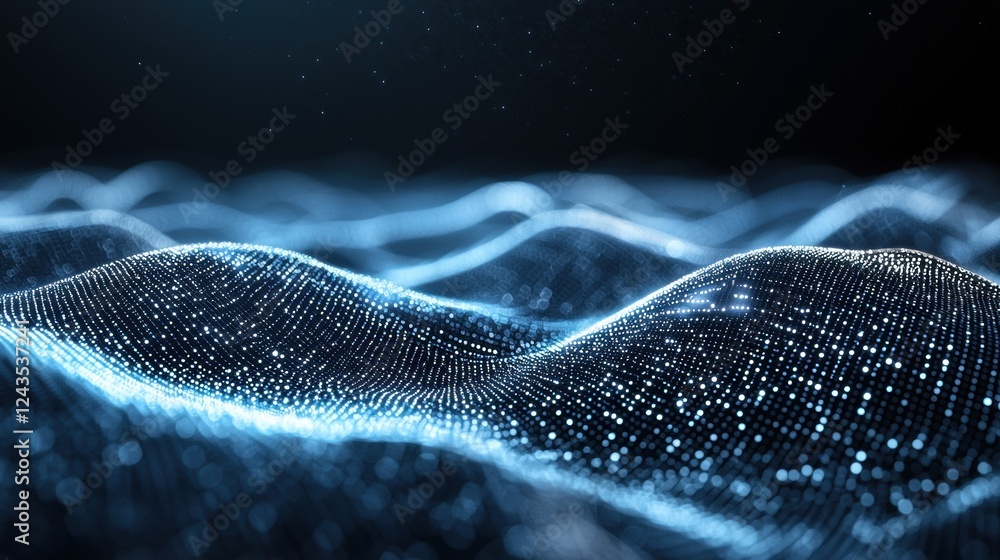 Poster a mesmerizing digital landscape of flowing waves illuminated by bluish light, creating a serene and 