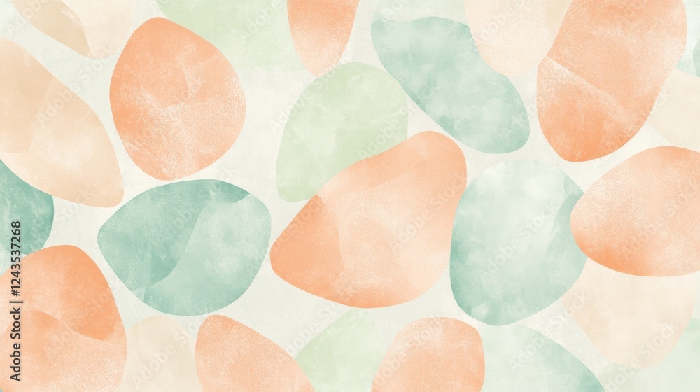 Poster elegant design featuring pastel peach and mint shapes harmonizing on a soft background