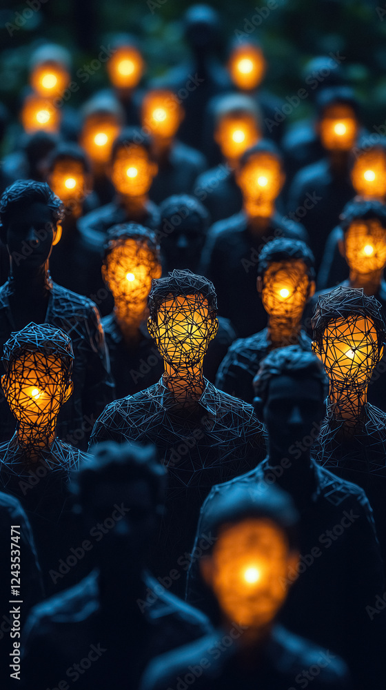 Aufkleber illuminated figures stand in shadowy crowd faces obscured by glowing geometric patterns