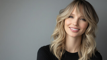Fototapeta premium Close-up portrait of a smiling blonde woman with wavy hair, fair skin, and light makeup against a soft gray background, showcasing elegance, positivity, and professionalism in a studio setting