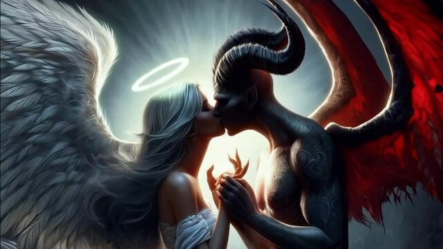 Angel and devil in love and kissing.