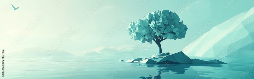 Poster cool-toned low-poly design featuring a serene tree on a calm water landscape with distant mountains 