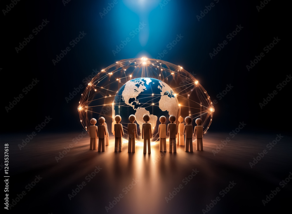 Aufkleber Illuminated globe surrounded by a network of lights and abstract figures standing in a circle. A beam of light shines from above, highlighting global connectivity and unity.