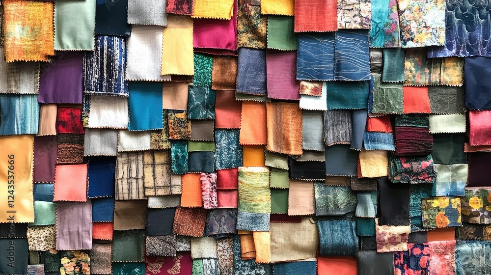 Poster colorful textile swatches displayed in various patterns and textures