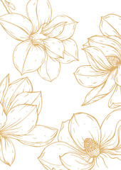 Romantic spring cover design and page frames. A golden bouquet of magnolias with a linear pattern on a white background. A golden background for an elegant invitation or postcard.
