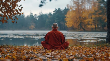 A Serene Moment of Meditation by the Lake in Autumn