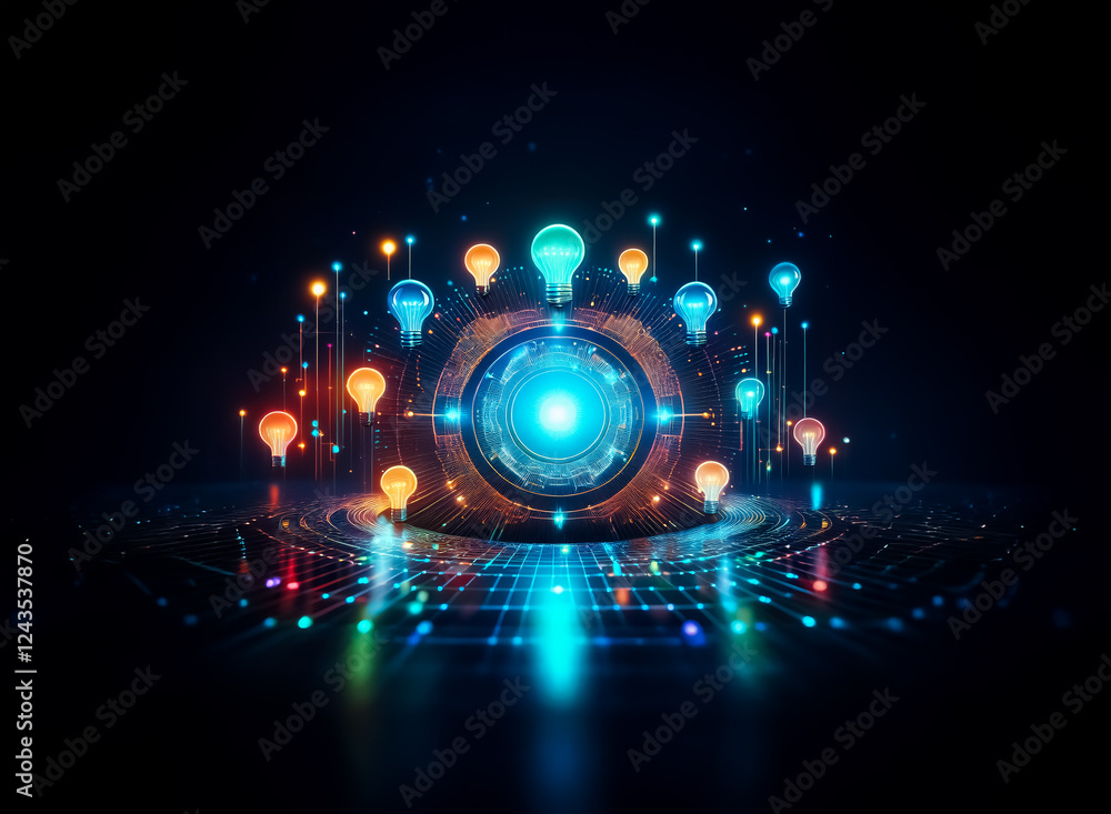 Poster a futuristic glowing design showcases a bright circular core encircled by illuminated light bulbs on