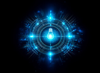 A radiant lightbulb illuminates the center of a circular abstract design, emitting bright blue light effects against a dark backdrop. Futuristic and technological concept.
