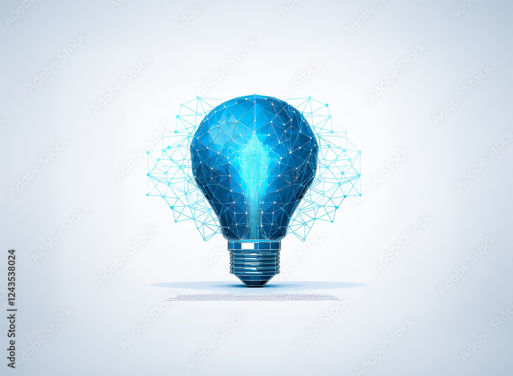 Poster a digital blue light bulb illuminates with polygonal design and connected lines on a white backgroun