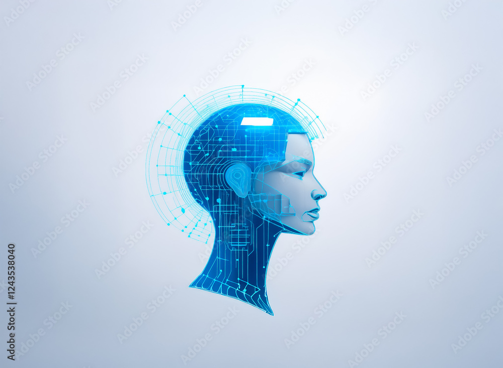 Poster a digital female head profile is depicted with glowing blue lines forming circuits around it, set ag