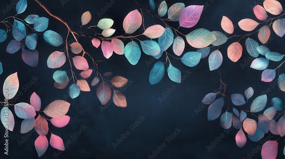 Leinwandbilder branches adorned with iridescent leaves create a vibrant display during twilight in a serene natural