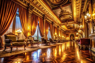 Luxurious Event Hall: Long Exposure of Golden Wood, Velvet, and Intricate Flooring