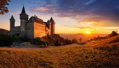 Obraz premium Medieval European Castle at Sunset, Historic Fortress Landscape / ヨーロッパ中世の城、美しい夕日を背景にした歴史的要塞の風景