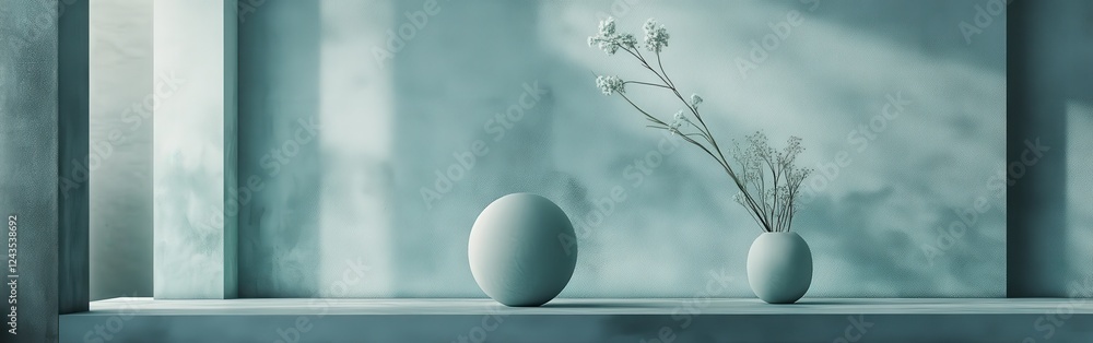 Poster Pastel teal abstract design featuring minimalist vases with delicate flowers on a subtle textured backdrop