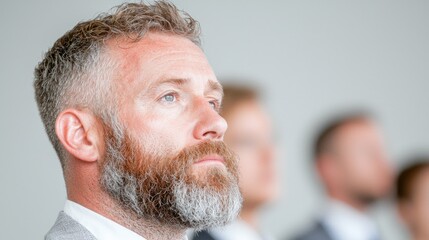 Obraz premium Focused businessman at meeting, colleagues blurred background, business portrait