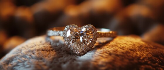 Heart-shaped diamond ring placed on a soft surface with warm lighting for a romantic presentation