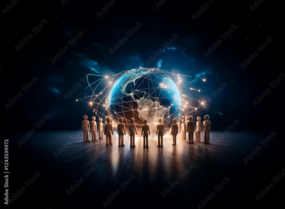 Aufkleber a glowing globe with network connections is encircled by a group of people figures, symbolizing glob